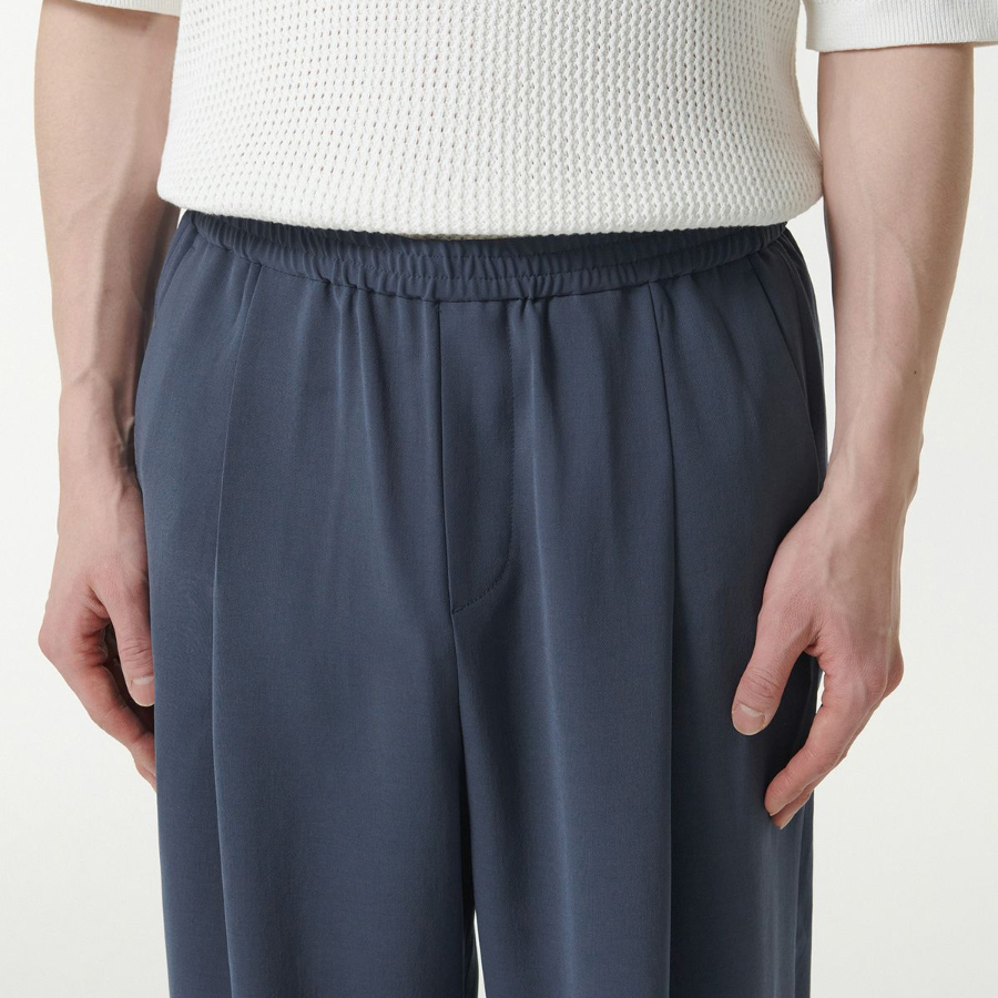 Linen-Like One Tuck Wide Banding Pants [Blue Gray]
