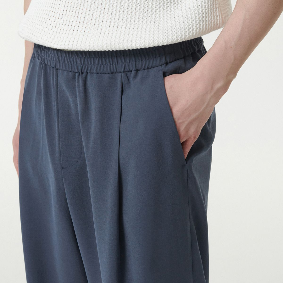 Linen-Like One Tuck Wide Banding Pants [Blue Gray]