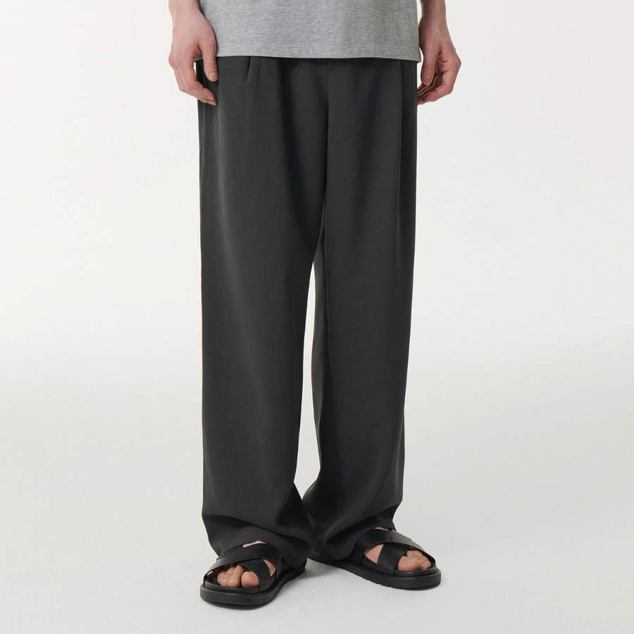 Linen-Like One Tuck Wide Banding Pants [Dark Gray]