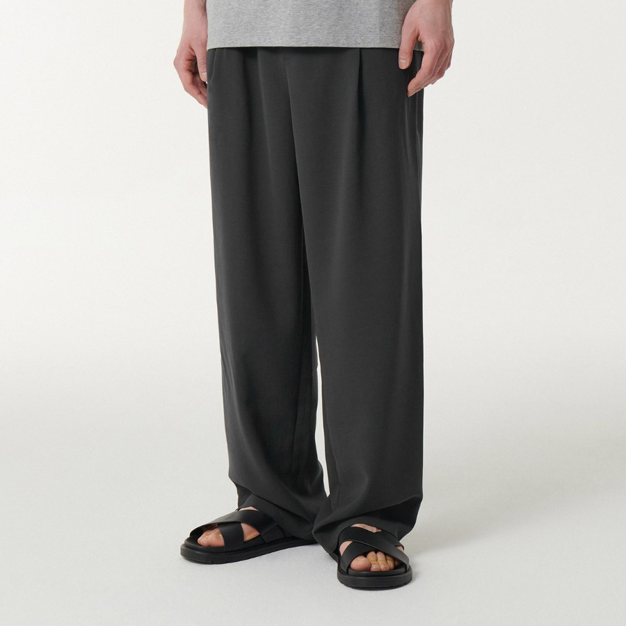 Linen-Like One Tuck Wide Banding Pants [Dark Gray]