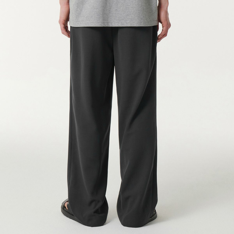 Linen-Like One Tuck Wide Banding Pants [Dark Gray]