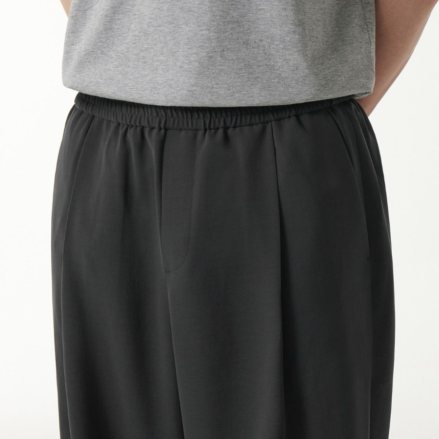 Linen-Like One Tuck Wide Banding Pants [Dark Gray]