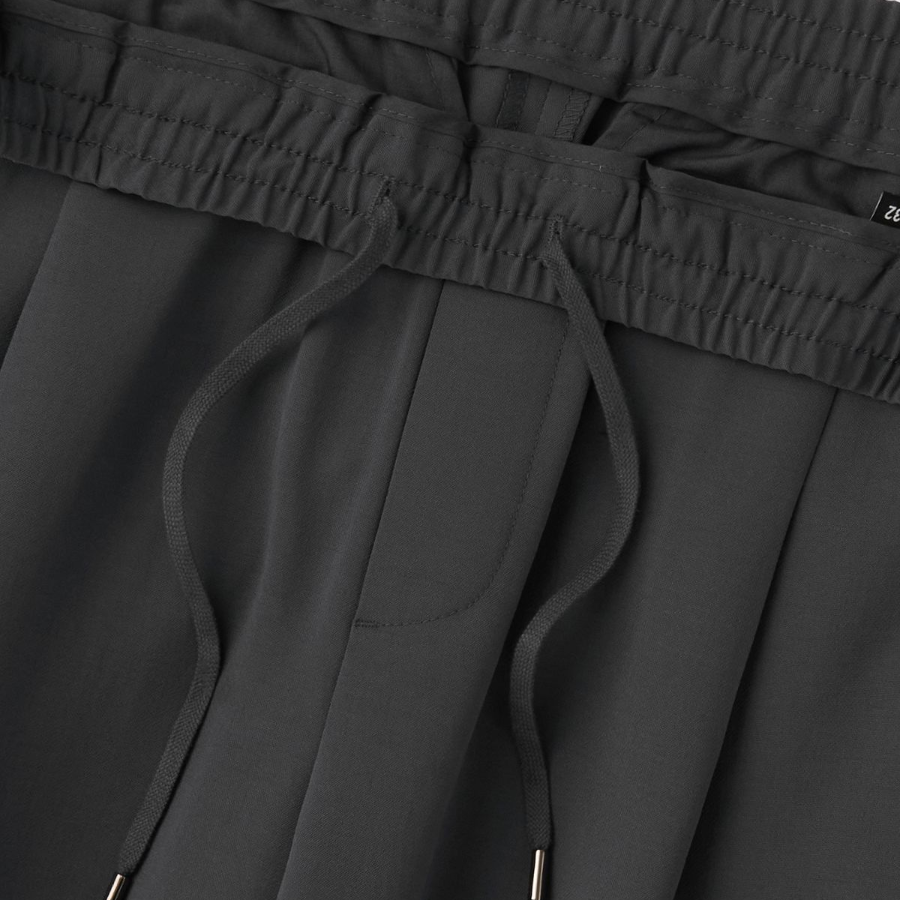 Linen-Like One Tuck Wide Banding Pants [Dark Gray]