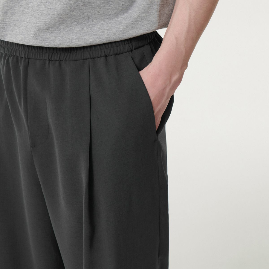 Linen-Like One Tuck Wide Banding Pants [Dark Gray]