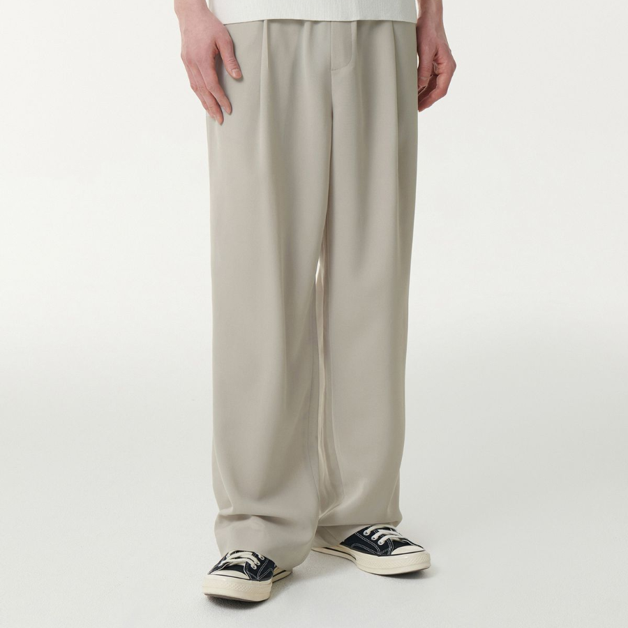 Linen-Like One Tuck Wide Banding Pants [Light Beige]