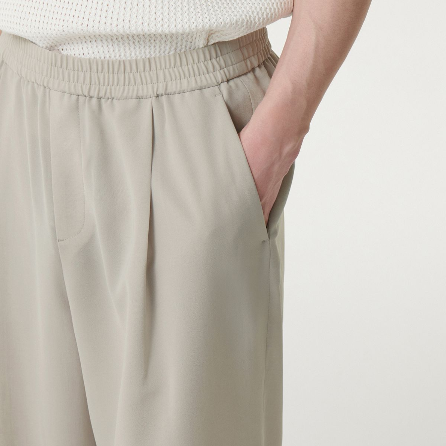 Linen-Like One Tuck Wide Banding Pants [Light Beige]