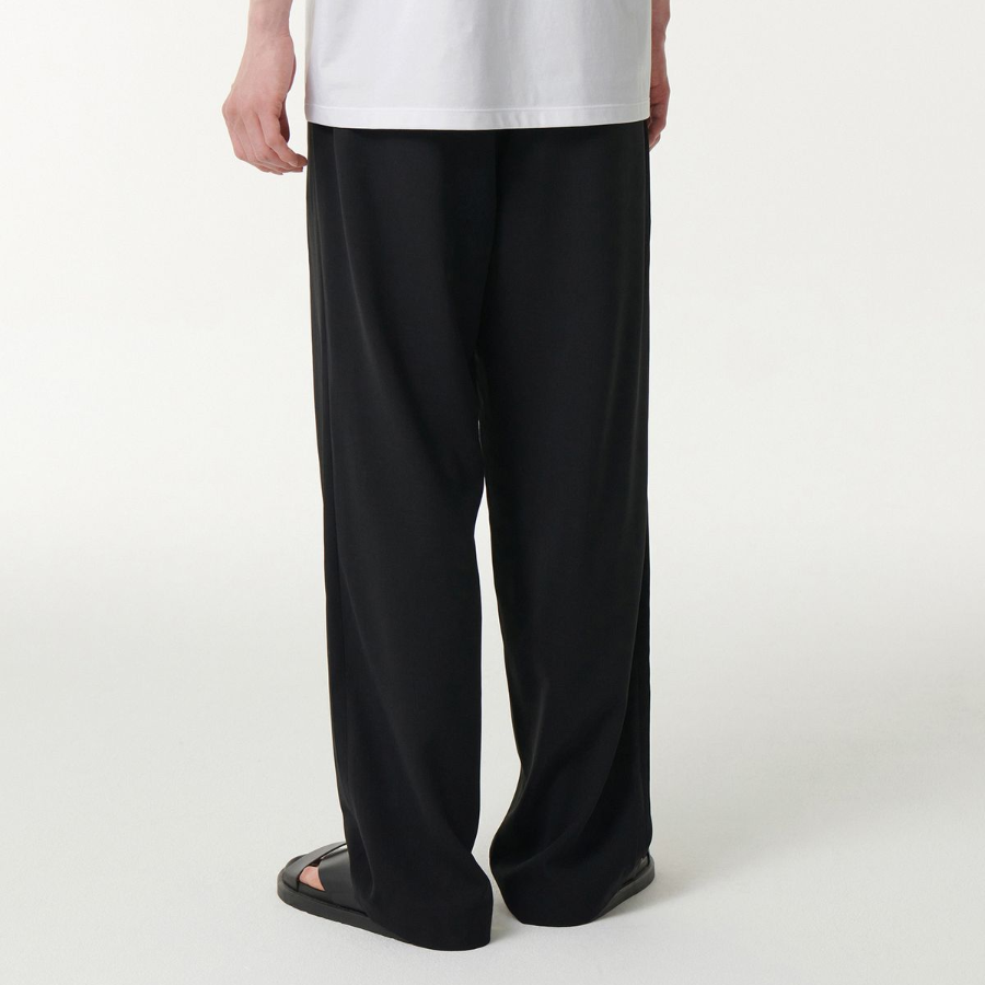 Linen-Like One Tuck Wide Banding Pants [Black]