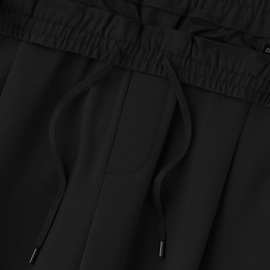 Linen-Like One Tuck Wide Banding Pants [Black]