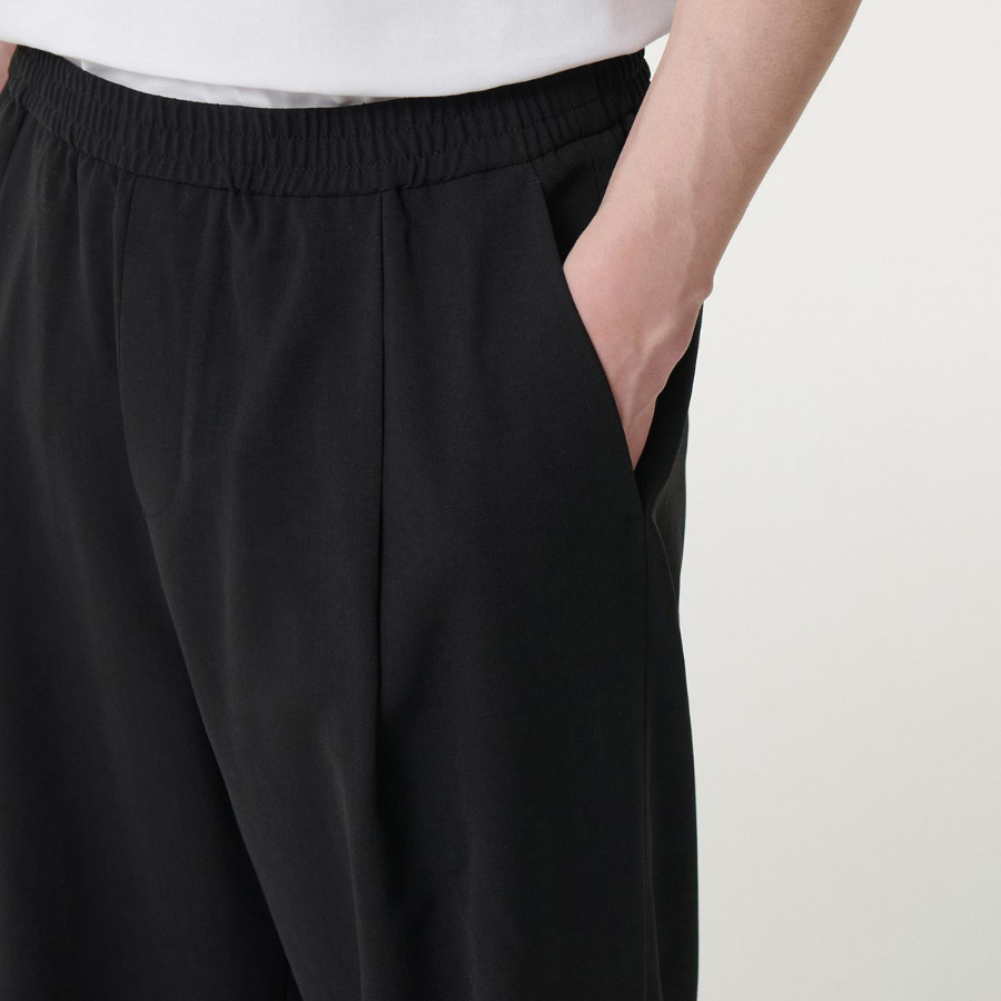 Linen-Like One Tuck Wide Banding Pants [Black]