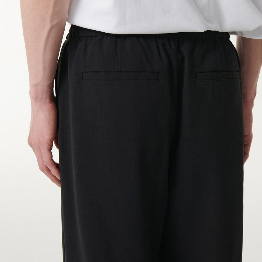 Linen-Like One Tuck Wide Banding Pants [Black]