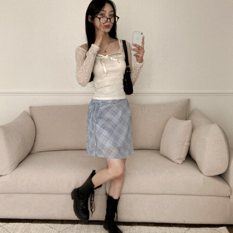 Шифоновая клетчатая миди-юбка с бантом "Эна"