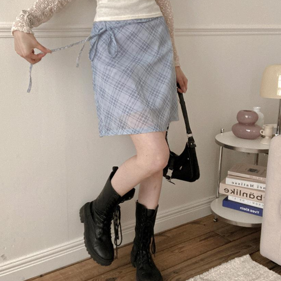 Шифоновая клетчатая миди-юбка с бантом "Эна"