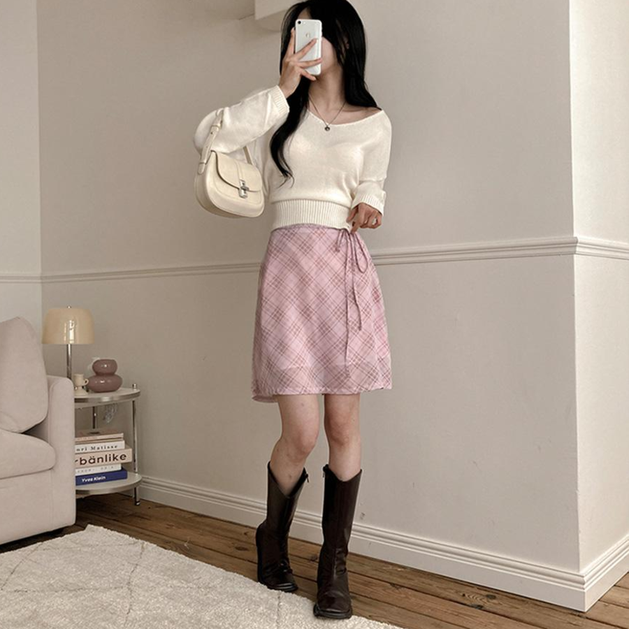 Шифоновая клетчатая миди-юбка с бантом "Эна"