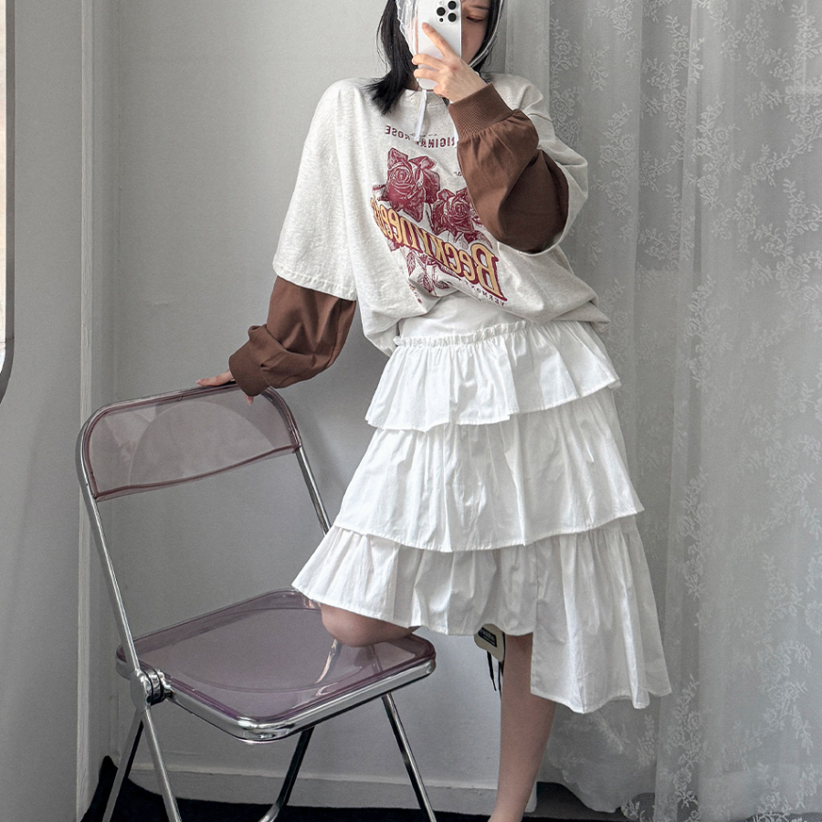 Хлопковая асимметричная многослойная юбка-клёш