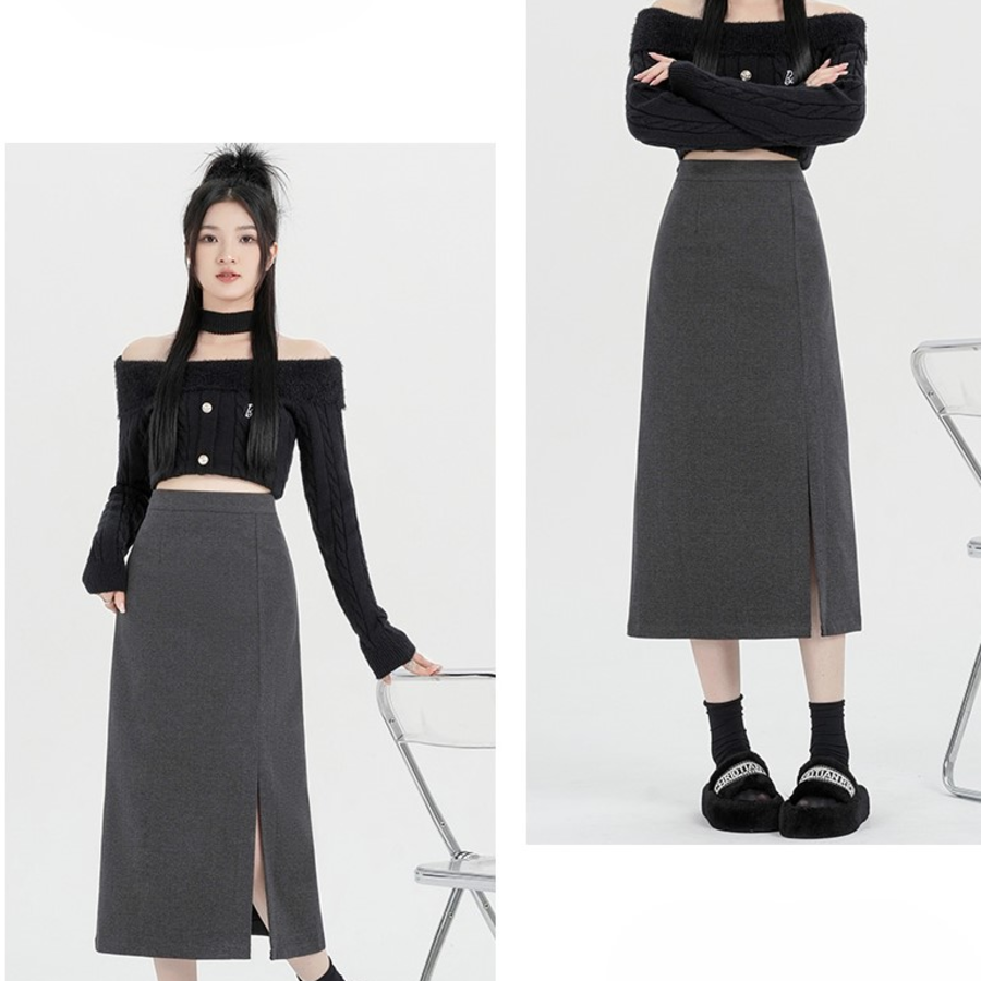 Прямая миди-юбка из плотной ткани с высоким поясом и разрезом