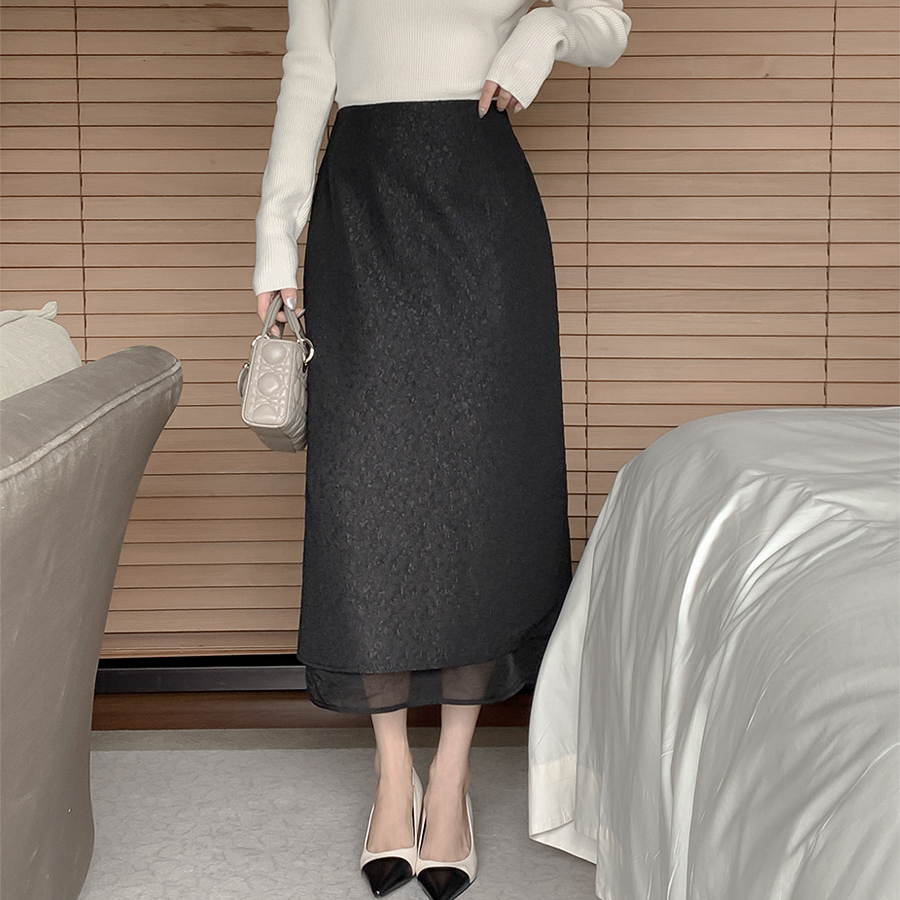 Юбка H-силуэта с цветочным жаккардом и вставками из органзы