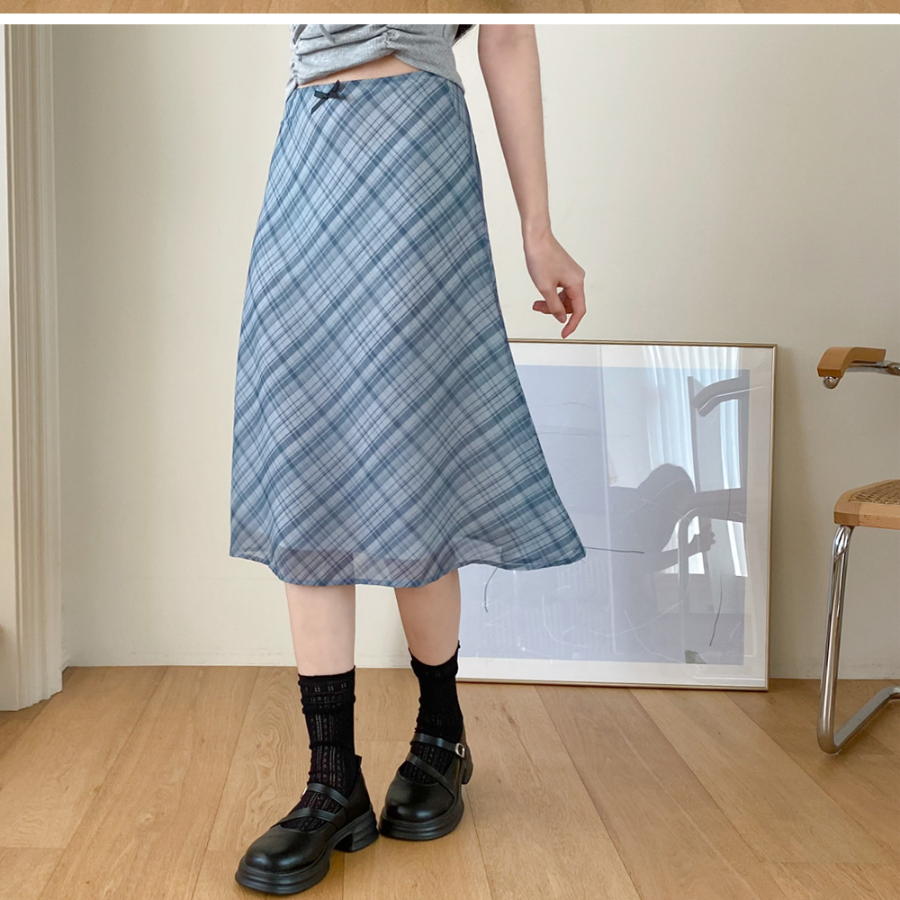 Клетчатая миди-юбка с бантом и лёгким шифоном