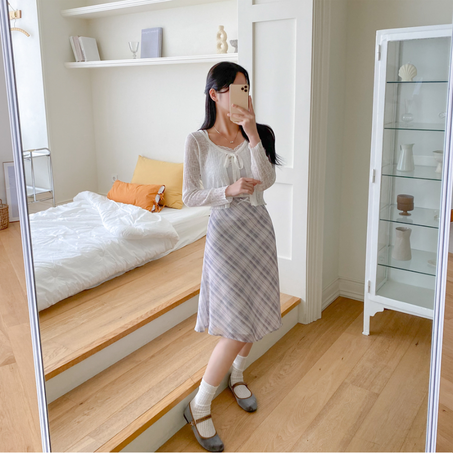 Клетчатая миди-юбка с бантом и лёгким шифоном