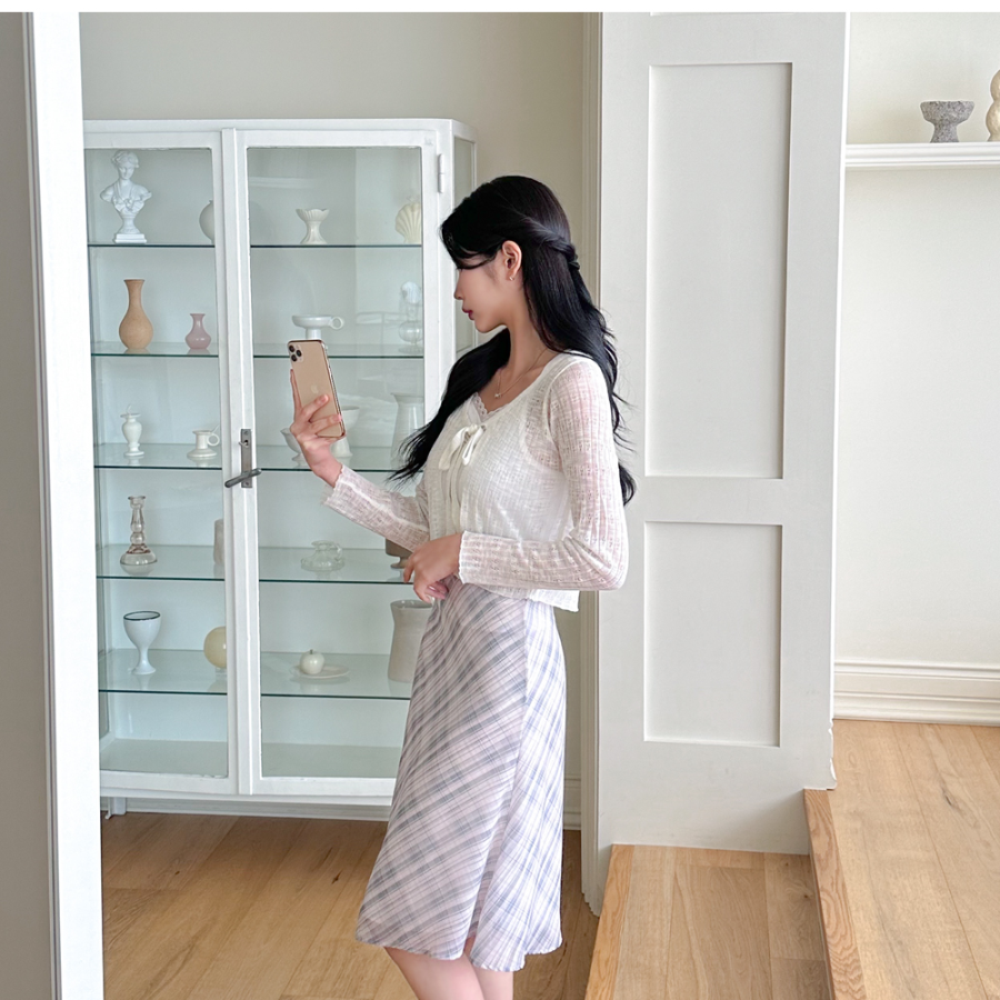 Клетчатая миди-юбка с бантом и лёгким шифоном