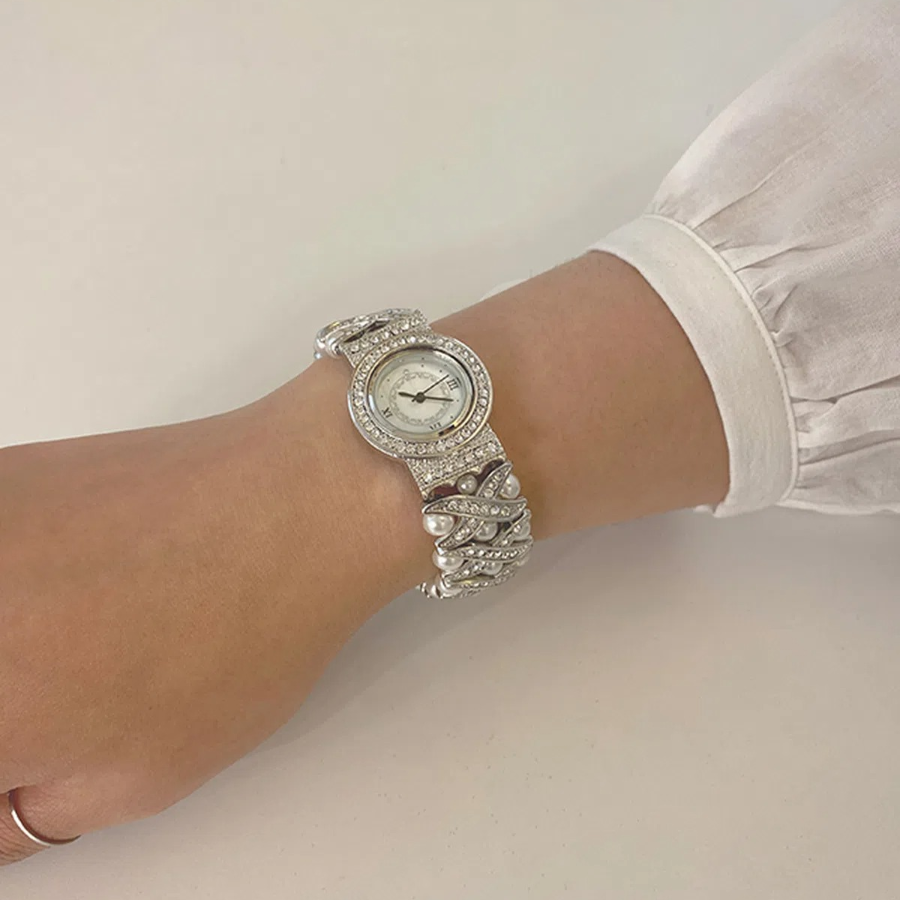 Cross Roman Cubic Pearl Bracelet Watch — женские наручные часы-браслет с жемчугом, кристаллами и римскими цифрами