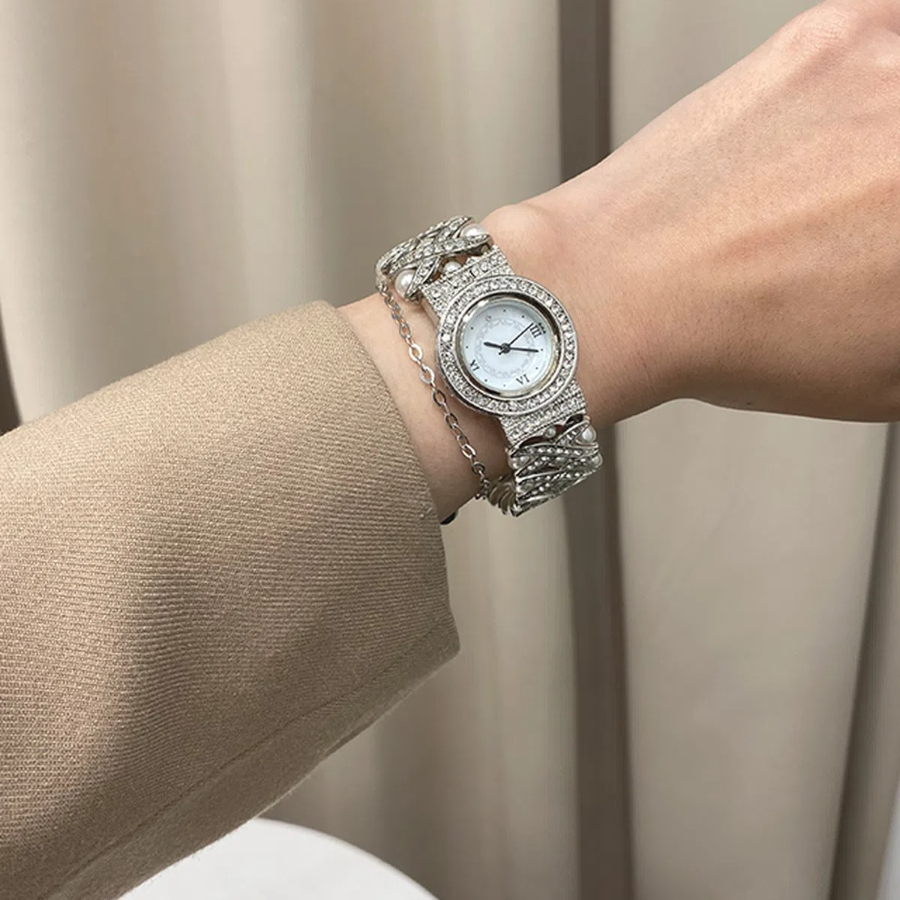 Cross Roman Cubic Pearl Bracelet Watch — женские наручные часы-браслет с жемчугом, кристаллами и римскими цифрами
