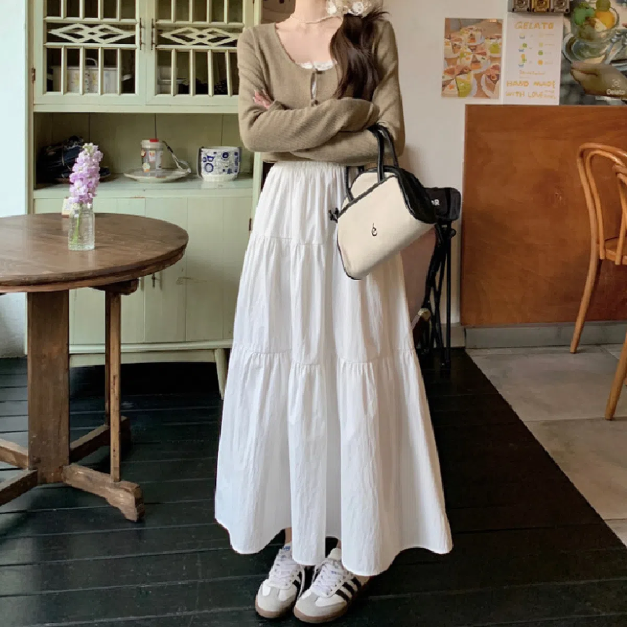 Многослойная длинная юбка с пышными ярусами и эластичным поясом