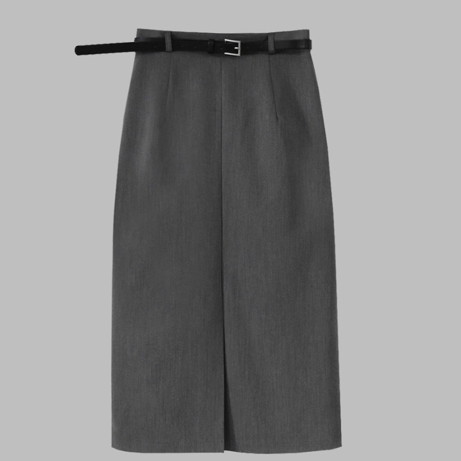 Прямая длинная юбка с разрезом и ремнём