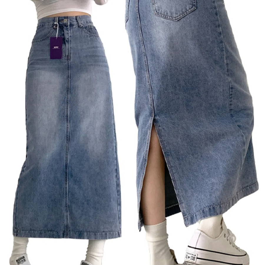 Джинсовая длинная юбка с эффектом варки и силуэтом для маскировки бёдер