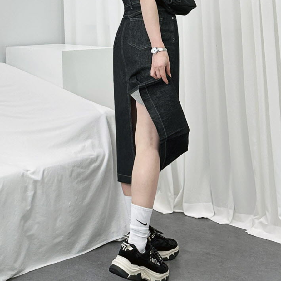 Джинсовая длинная юбка с разрезом сзади из необработанного денима