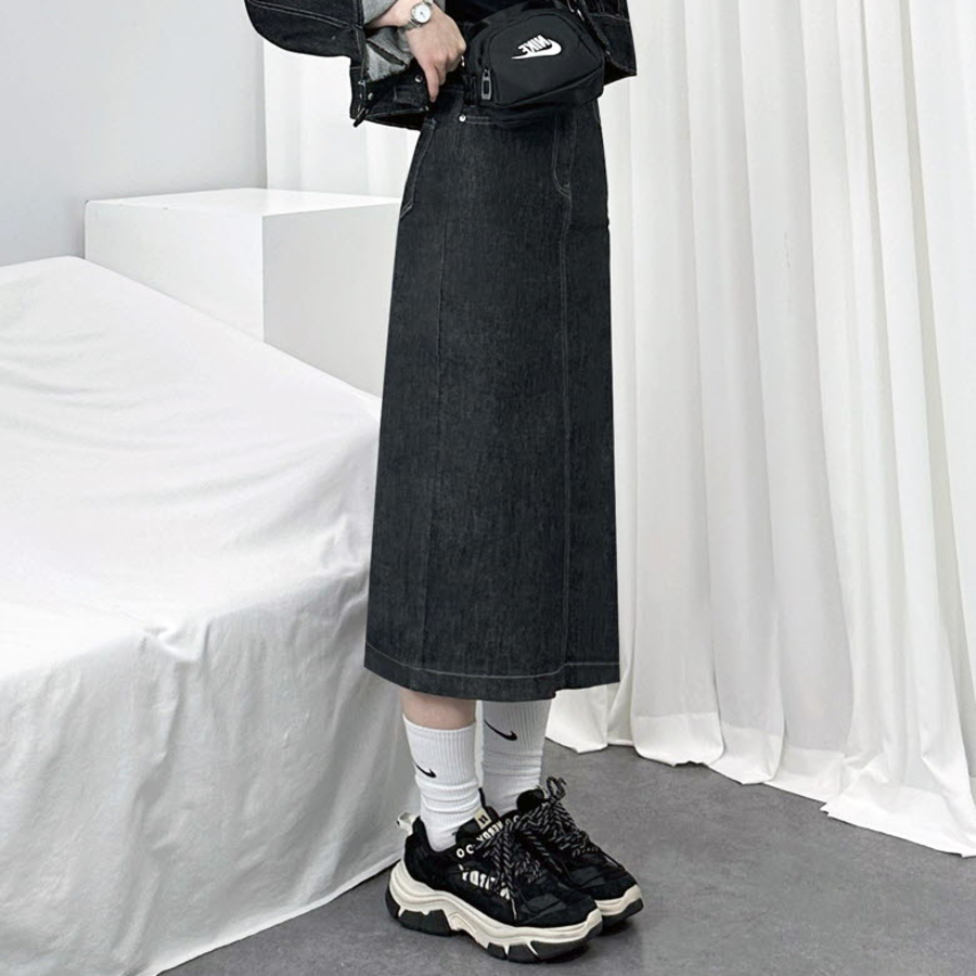 Джинсовая длинная юбка с разрезом сзади из необработанного денима