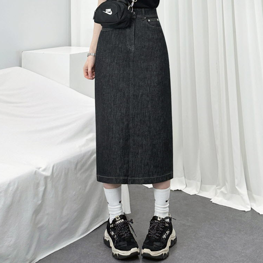 Джинсовая длинная юбка с разрезом сзади из необработанного денима