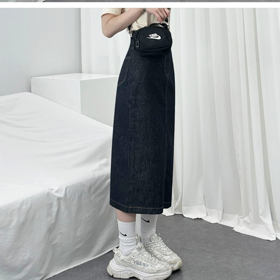 Джинсовая длинная юбка с разрезом сзади из необработанного денима