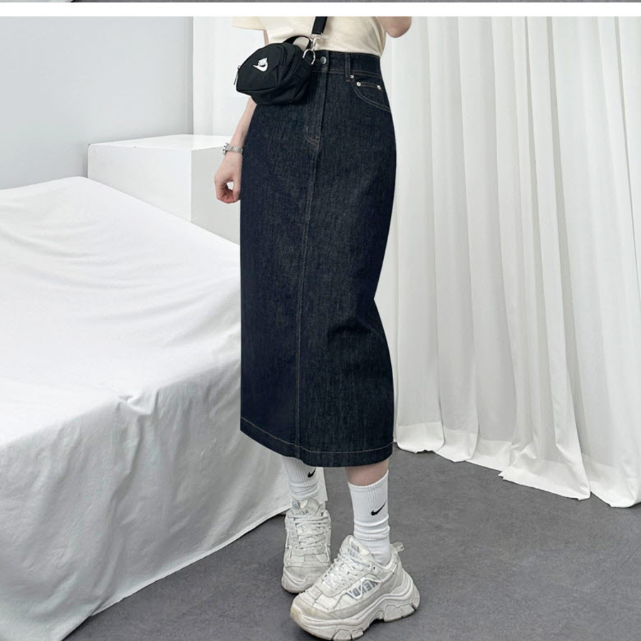 Джинсовая длинная юбка с разрезом сзади из необработанного денима