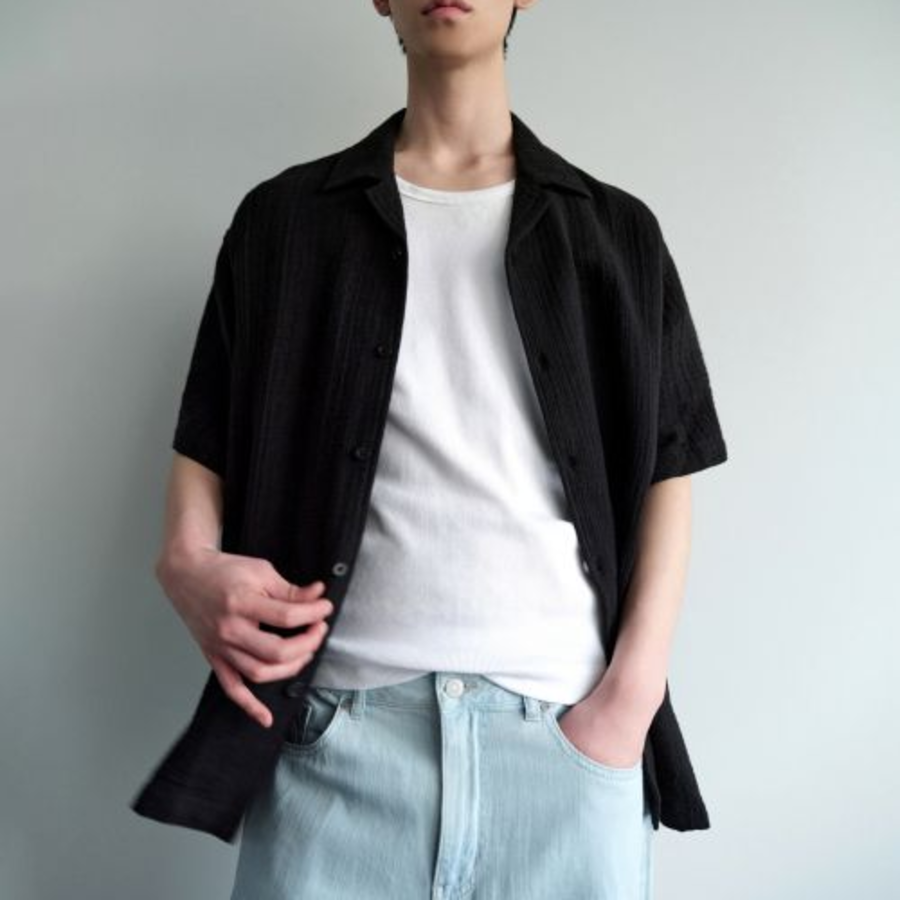 Musinsa Standard Plaid Texture Open-Collar Short Sleeve Shirt – Black