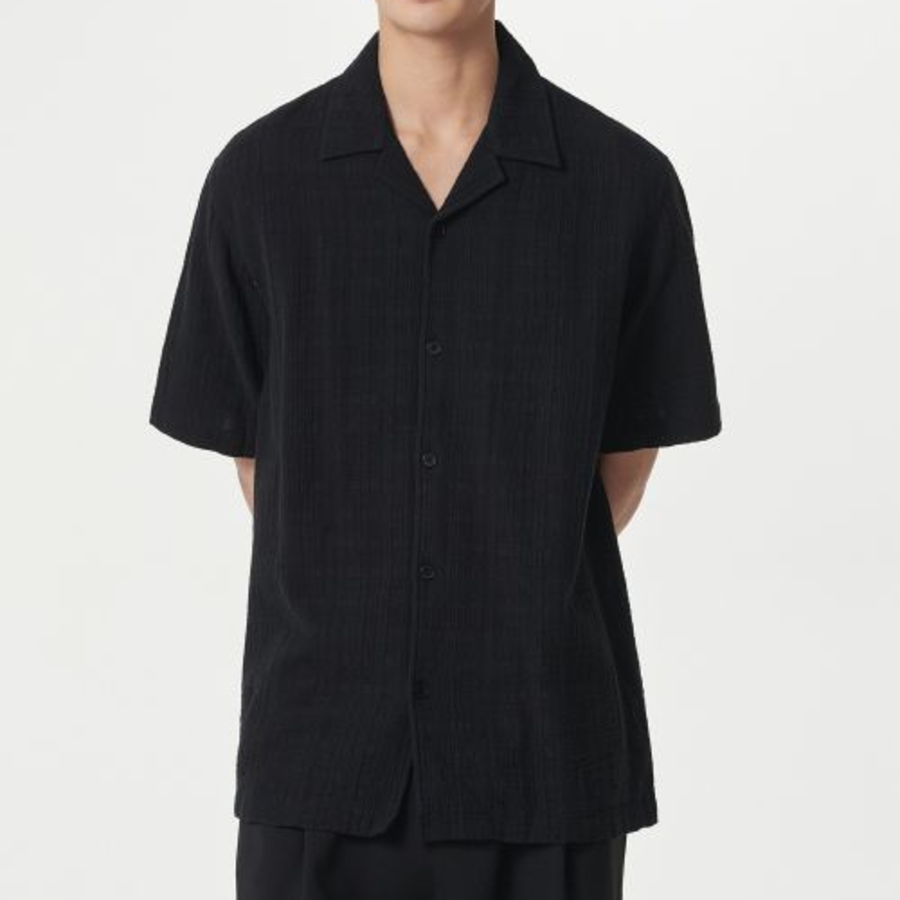 Musinsa Standard Plaid Texture Open-Collar Short Sleeve Shirt – Black