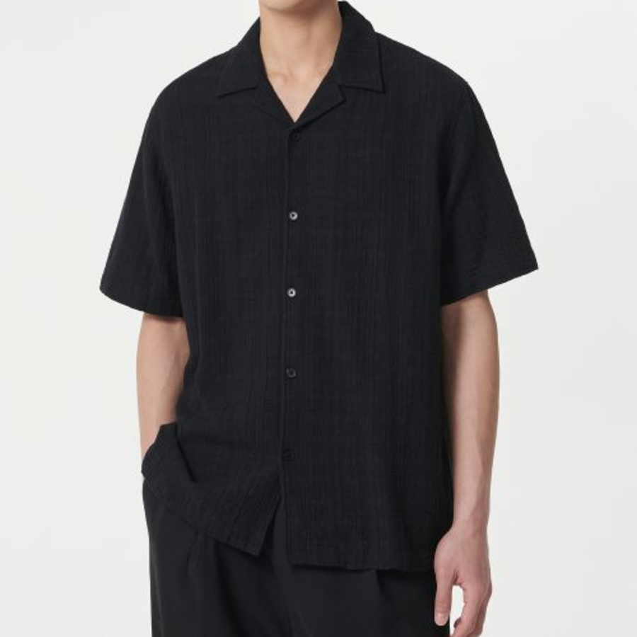 Musinsa Standard Plaid Texture Open-Collar Short Sleeve Shirt – Black