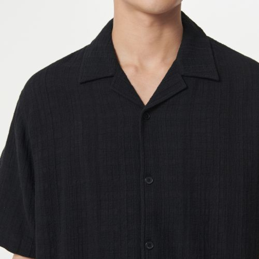 Musinsa Standard Plaid Texture Open-Collar Short Sleeve Shirt – Black
