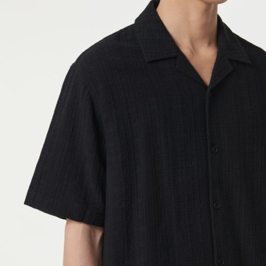 Musinsa Standard Plaid Texture Open-Collar Short Sleeve Shirt – Black