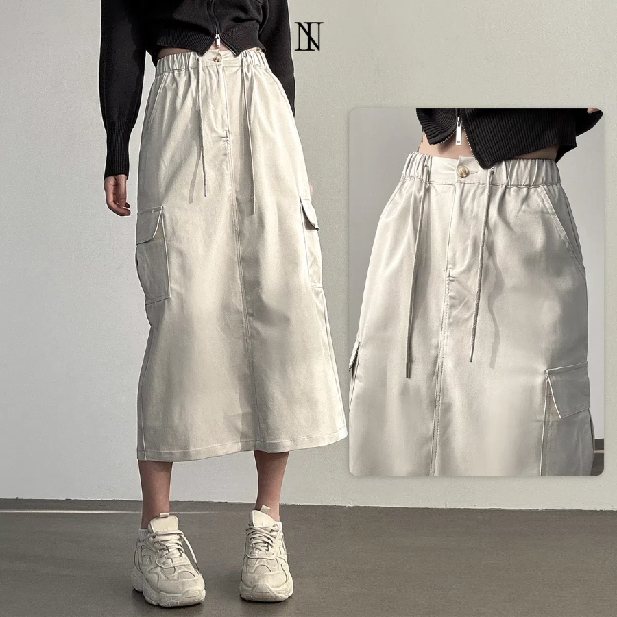 Длинная юбка с карманами и разрезом из нейлона