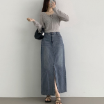 Длинная джинсовая юбка с задней резинкой и свободным кроем