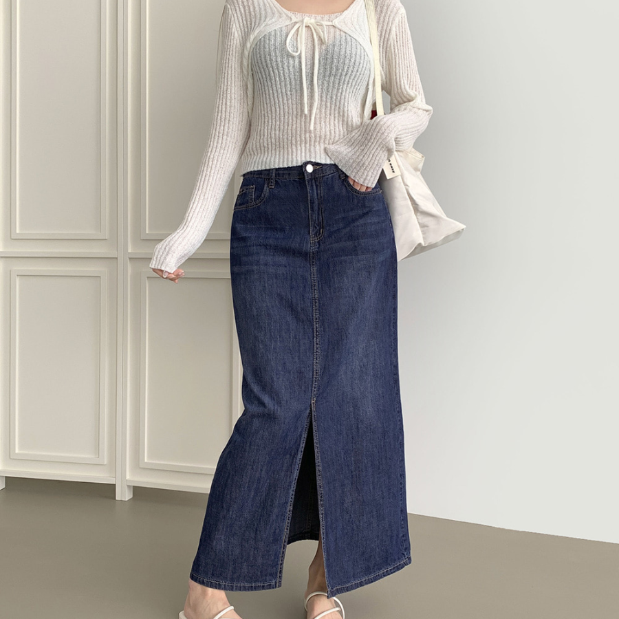 Длинная джинсовая юбка с задней резинкой и свободным кроем