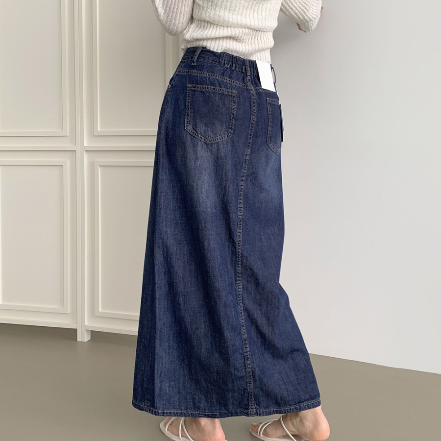Длинная джинсовая юбка с задней резинкой и свободным кроем