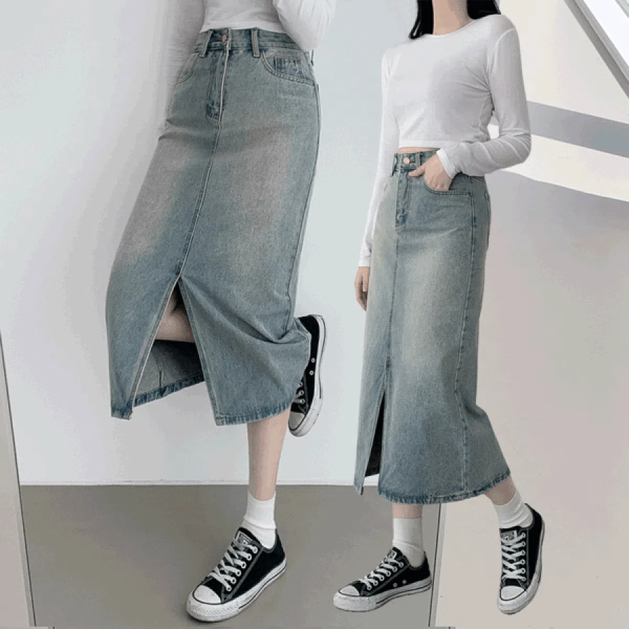 Длинная юбка с разрезом спереди и эффектом стирки