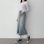 Длинная юбка с разрезом спереди и эффектом стирки