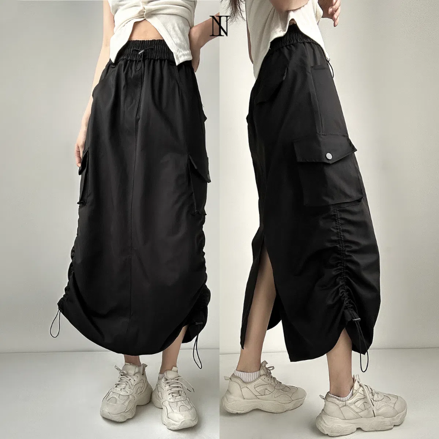 Длинная юбка с карманами карго, разрезом и шнуровкой на сборке