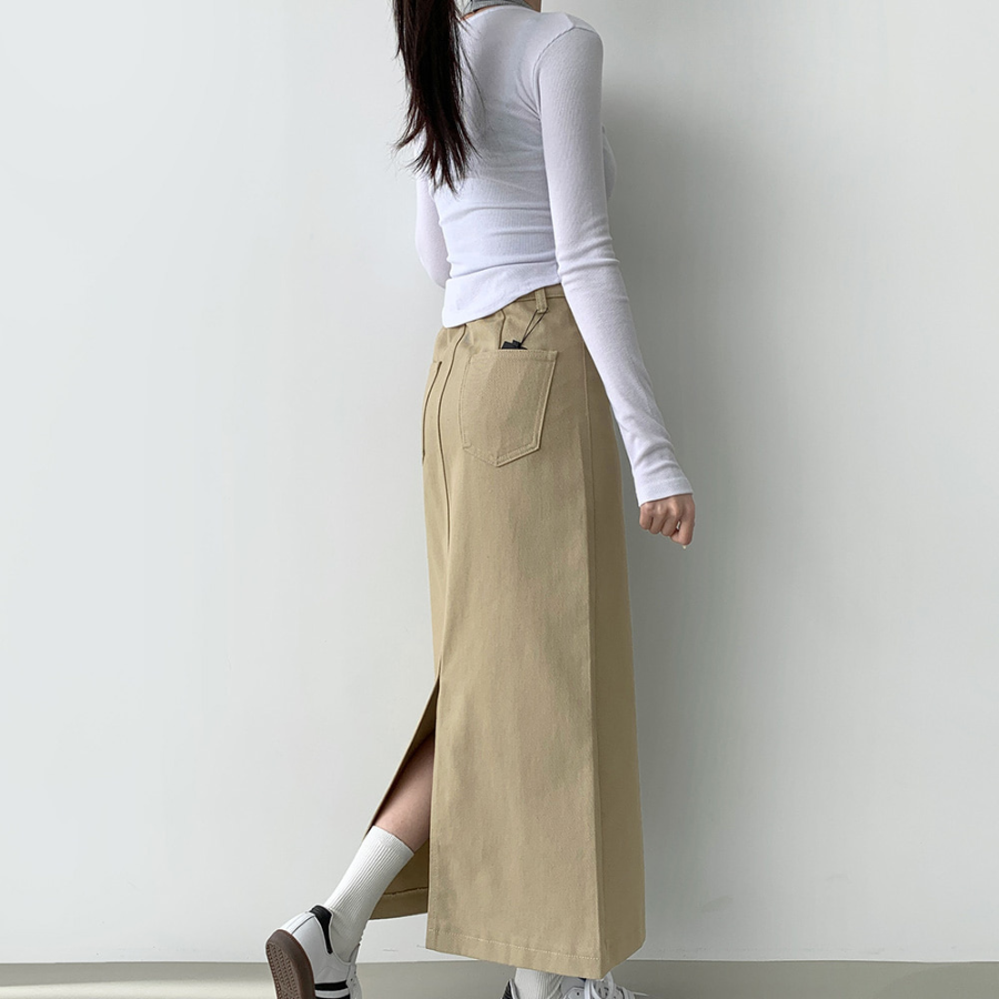 Длинная хлопковая юбка H-силуэта с разрезом и эластичной спинкой