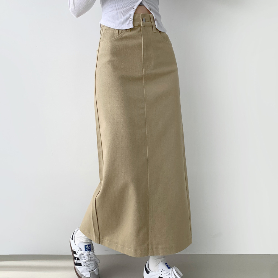 Длинная хлопковая юбка H-силуэта с разрезом и эластичной спинкой