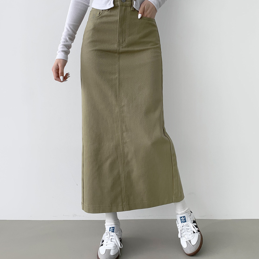 Длинная хлопковая юбка H-силуэта с разрезом и эластичной спинкой