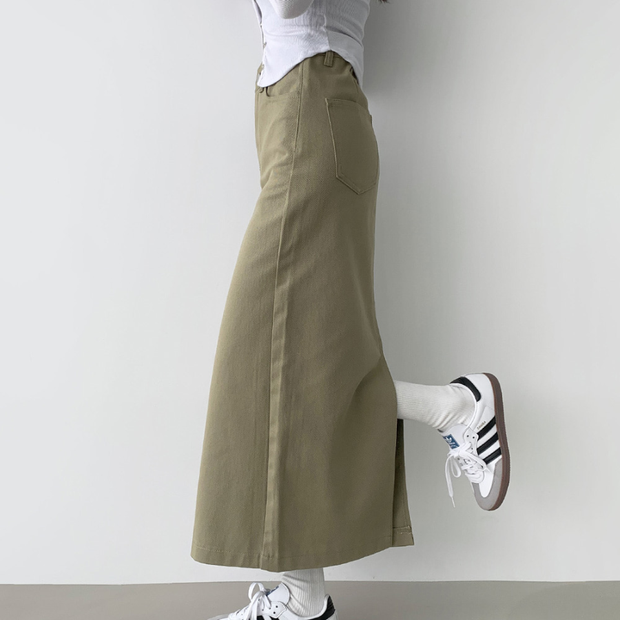 Длинная хлопковая юбка H-силуэта с разрезом и эластичной спинкой