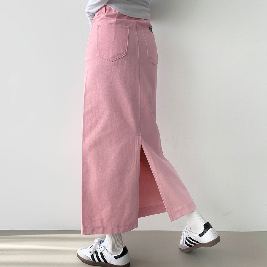 Длинная хлопковая юбка H-силуэта с разрезом и эластичной спинкой